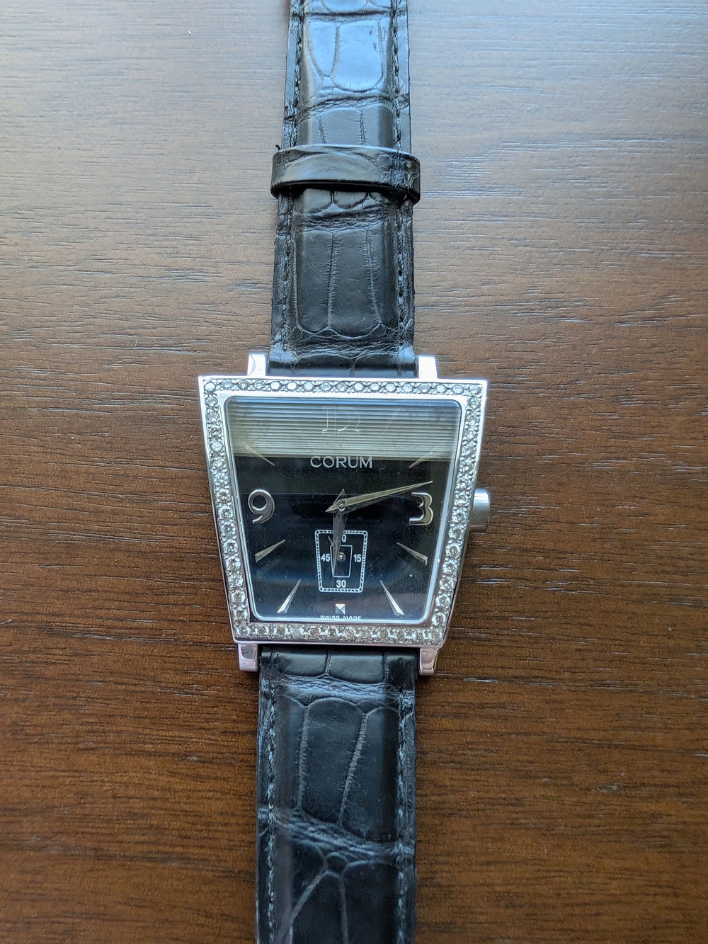 Corum Women's Black Leather Strap Diamond-Accented Watch